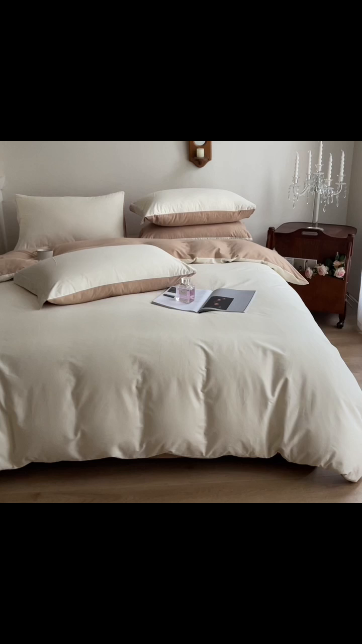 91家纺网 家纺一手货源 找家纺 艾迪尚家纺 2025新款100s生态全棉纯色磨毛四件套 杏仁米配奶油咖