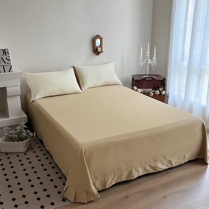 91家纺网 家纺一手货源 找家纺 艾迪尚家纺2025新款100s生态全棉纯色磨毛单品床单杏仁米配奶油咖