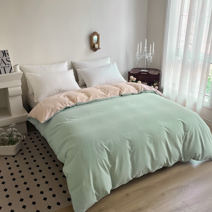 91家纺网 家纺一手货源 找家纺 艾迪尚家纺2025新款100s生态全棉纯色磨毛单品被套阿克曼绿樱草粉