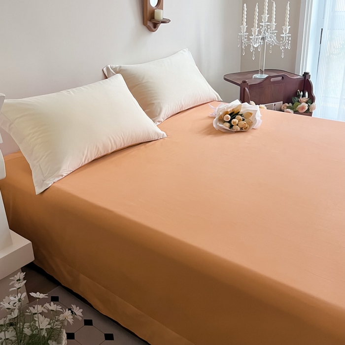 91家纺网 家纺一手货源 找家纺 艾迪尚2025新款100s生态全棉纯色磨毛单品床单杏仁米配天橙色