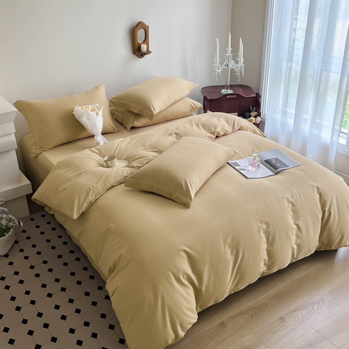 91家纺网 家纺一手货源 找家纺 艾迪尚家纺 2025新款100s生态全棉纯色磨毛四件套 布莱克黄