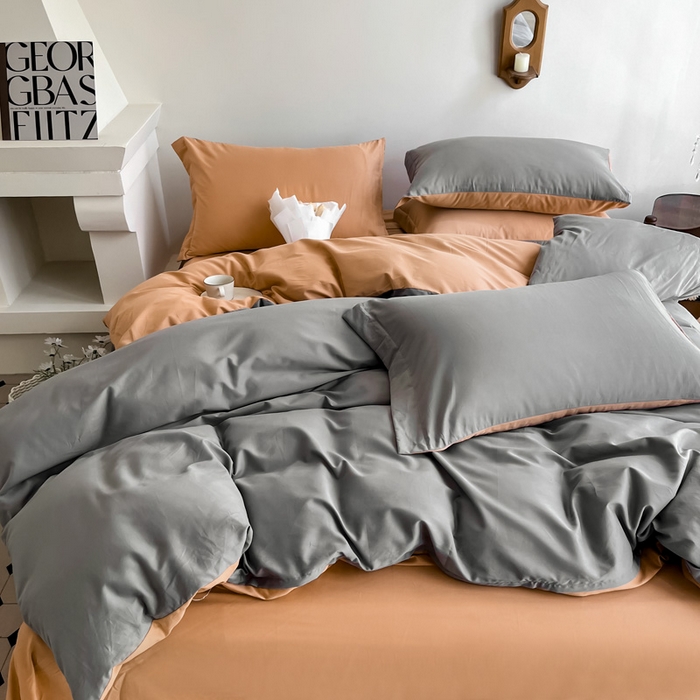 91家纺网 家纺一手货源 找家纺 艾迪尚家纺 2025新款100s生态全棉纯色磨毛四件套 灰卡—可可橘