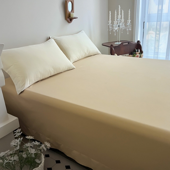 91家纺网 家纺一手货源 找家纺 艾迪尚家纺2025新款100s生态全棉纯色磨毛单品床单杏仁米配奶油咖