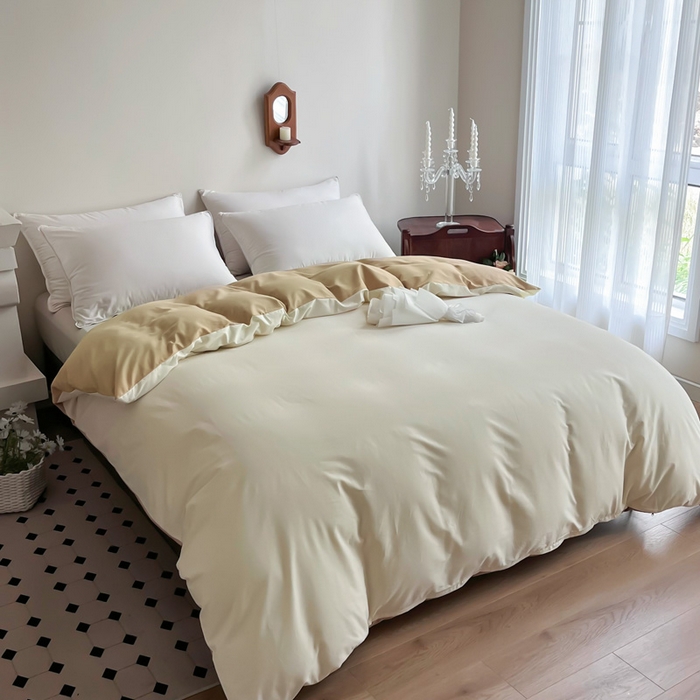 91家纺网 家纺一手货源 找家纺 艾迪尚2025新款100s生态全棉纯色磨毛单品被套杏仁米配奶油咖