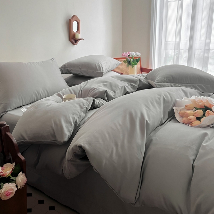 91家纺网 家纺一手货源 找家纺 艾迪尚家纺 2025新款100s生态全棉纯色磨毛四件套 灰卡