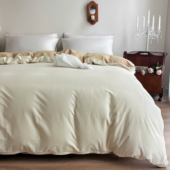 91家纺网 家纺一手货源 找家纺 艾迪尚2025新款100s生态全棉纯色磨毛单品被套杏仁米配奶油咖