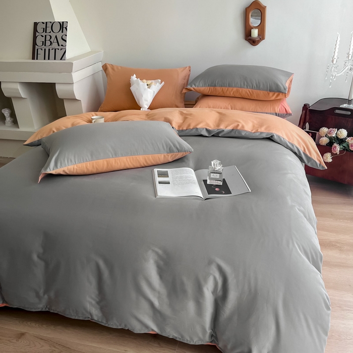 91家纺网 家纺一手货源 找家纺 艾迪尚家纺 2025新款100s生态全棉纯色磨毛四件套 灰卡—可可橘