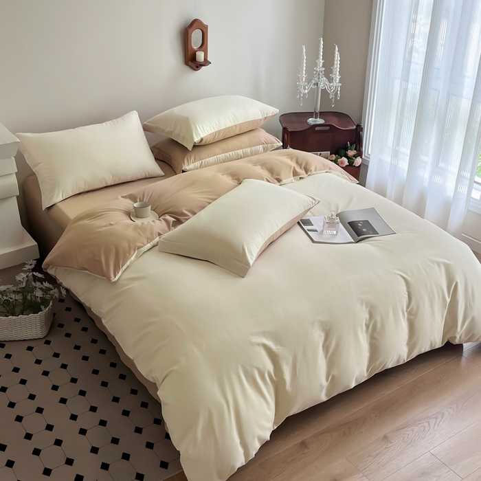 91家纺网 家纺一手货源 找家纺 艾迪尚家纺 2025新款100s生态全棉纯色磨毛四件套 杏仁米配奶油咖