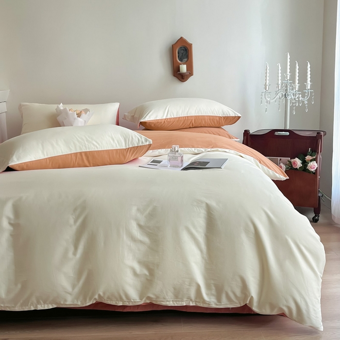 91家纺网 家纺一手货源 找家纺 艾迪尚家纺 2025新款100s生态全棉纯色磨毛四件套 杏仁米配天橙色