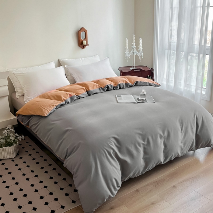 91家纺网 家纺一手货源 找家纺 艾迪尚家纺 2025新款100s生态全棉纯色磨毛单品被套 灰卡—可可橘