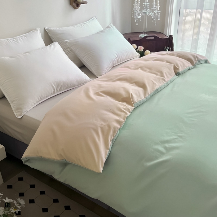 91家纺网 家纺一手货源 找家纺 艾迪尚家纺2025新款100s生态全棉纯色磨毛单品被套阿克曼绿樱草粉