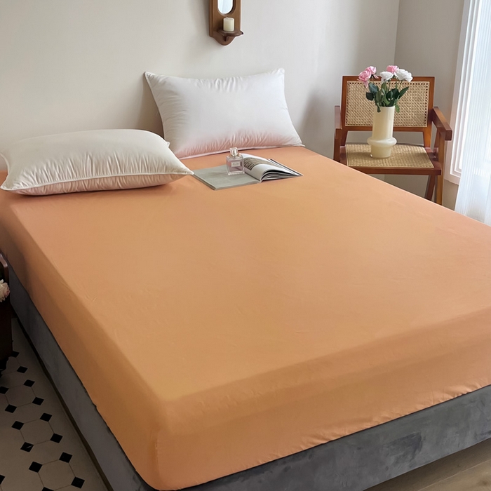 91家纺网 家纺一手货源 找家纺 艾迪尚2025新款100s生态全棉纯色磨毛单品床笠杏仁米配天橙色