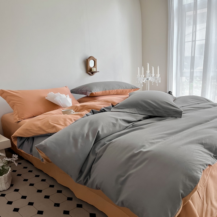 91家纺网 家纺一手货源 找家纺 艾迪尚家纺 2025新款100s生态全棉纯色磨毛四件套 灰卡—可可橘