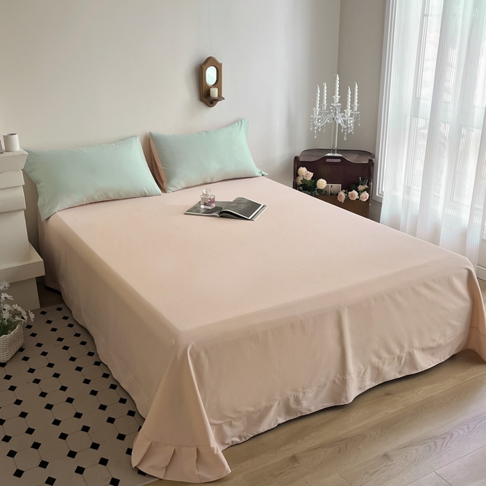 91家纺网 家纺一手货源 找家纺 艾迪尚家纺2025新款100s生态全棉纯色磨毛单品床单阿克曼绿樱草粉