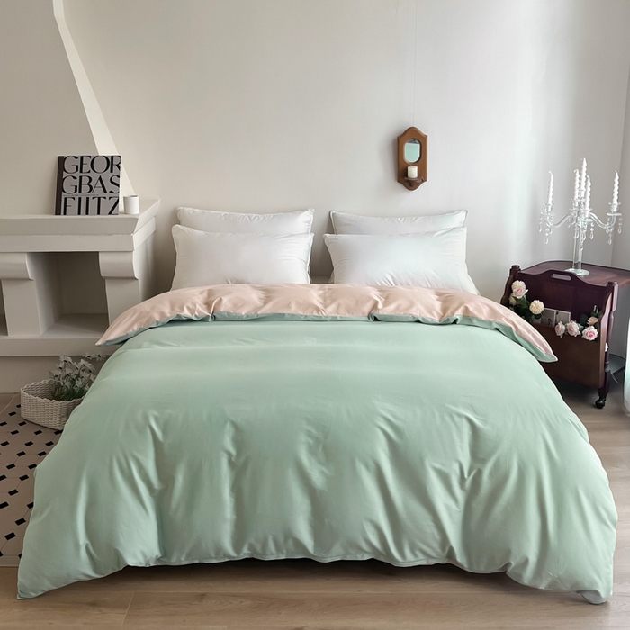 91家纺网 家纺一手货源 找家纺 艾迪尚家纺2025新款100s生态全棉纯色磨毛单品被套阿克曼绿樱草粉