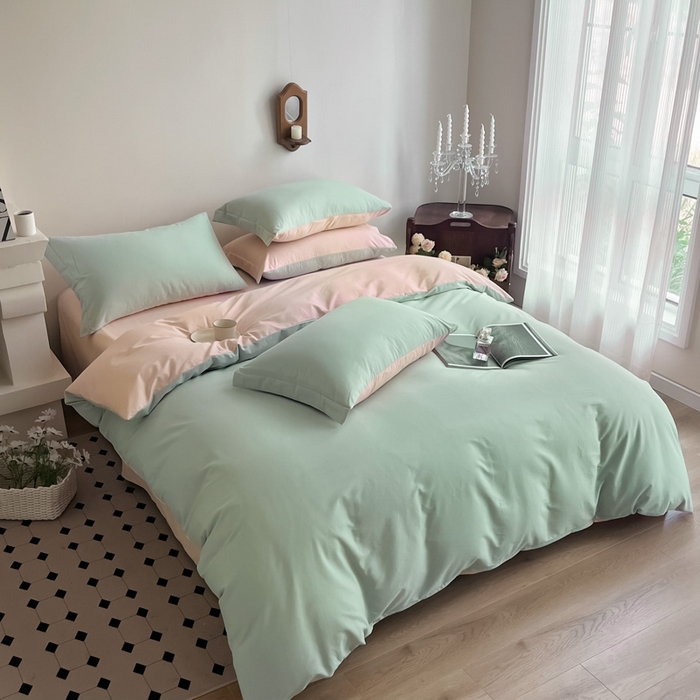 91家纺网 家纺一手货源 找家纺 艾迪尚家纺2025新款100s生态全棉纯色磨毛四件套阿克曼绿樱草粉