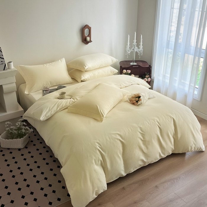 91家纺网 家纺一手货源 找家纺 艾迪尚家纺 2025新款100s生态全棉纯色磨毛四件套 玉子黄