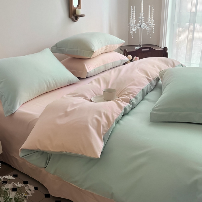 91家纺网 家纺一手货源 找家纺 艾迪尚家纺2025新款100s生态全棉纯色磨毛四件套阿克曼绿樱草粉