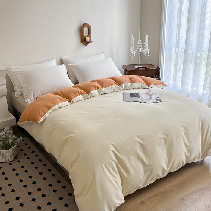 91家纺网 家纺一手货源 找家纺 艾迪尚2025新款100s生态全棉纯色磨毛单品被套杏仁米配天橙色