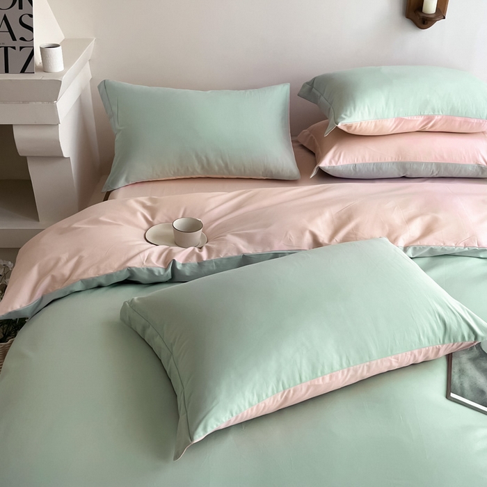 91家纺网 家纺一手货源 找家纺 艾迪尚家纺2025新款100s生态全棉纯色磨毛四件套阿克曼绿樱草粉