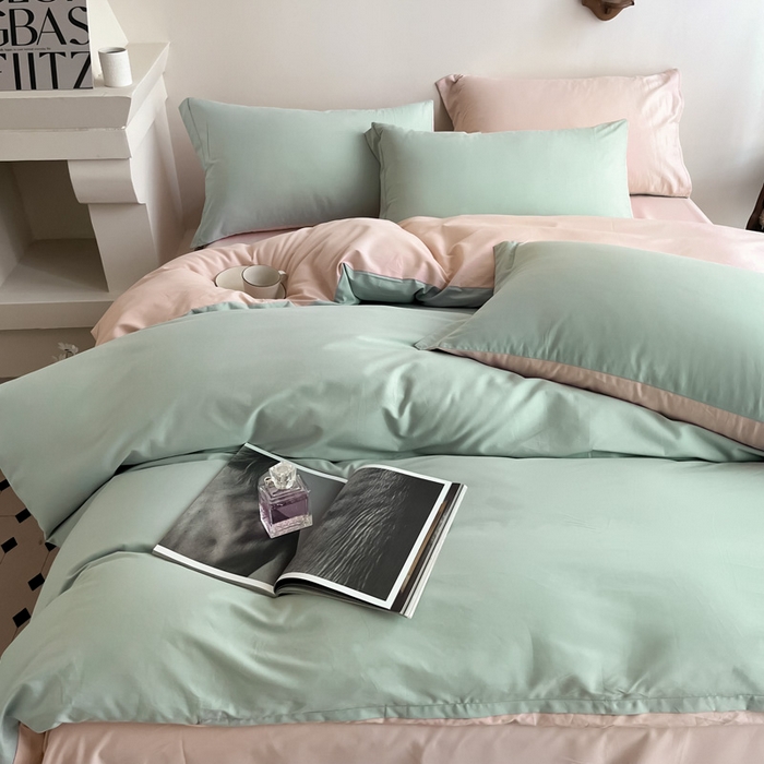 91家纺网 家纺一手货源 找家纺 艾迪尚家纺2025新款100s生态全棉纯色磨毛四件套阿克曼绿樱草粉