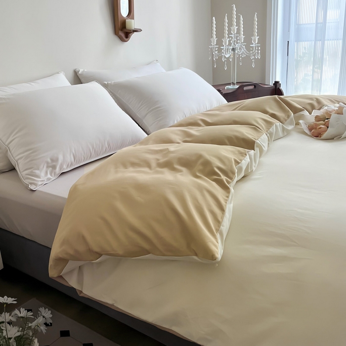 91家纺网 家纺一手货源 找家纺 艾迪尚2025新款100s生态全棉纯色磨毛单品被套杏仁米配奶油咖