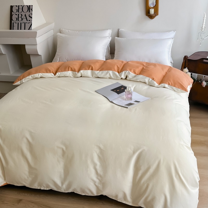 91家纺网 家纺一手货源 找家纺 艾迪尚2025新款100s生态全棉纯色磨毛单品被套杏仁米配天橙色