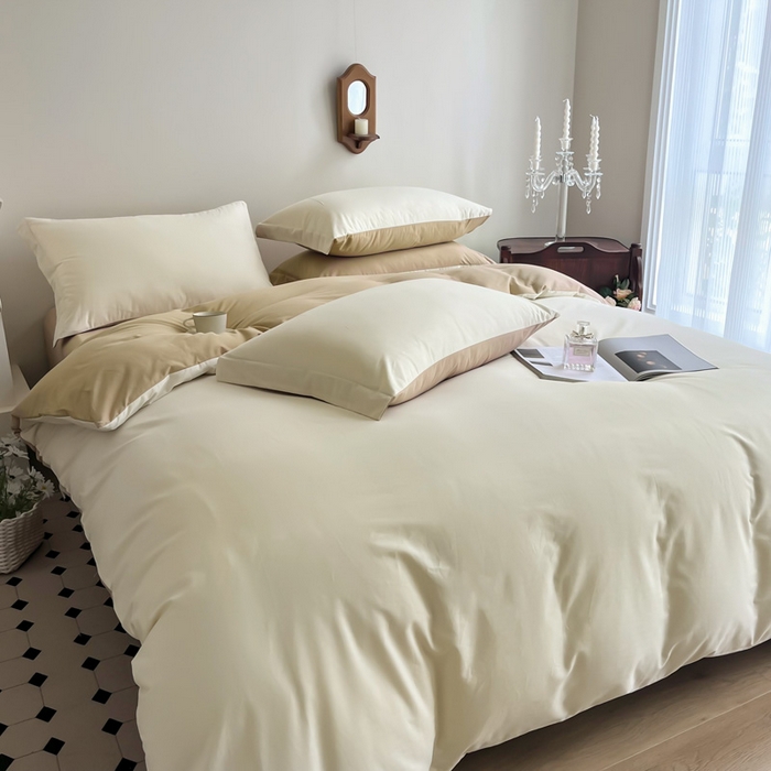 91家纺网 家纺一手货源 找家纺 艾迪尚家纺 2025新款100s生态全棉纯色磨毛四件套 杏仁米配奶油咖