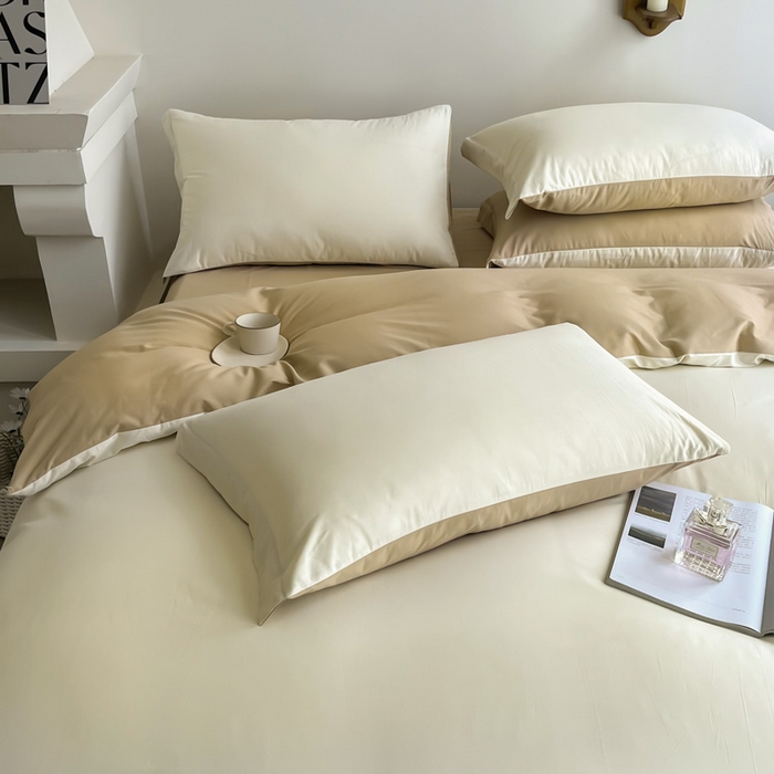 91家纺网 家纺一手货源 找家纺 艾迪尚家纺 2025新款100s生态全棉纯色磨毛四件套 杏仁米配奶油咖