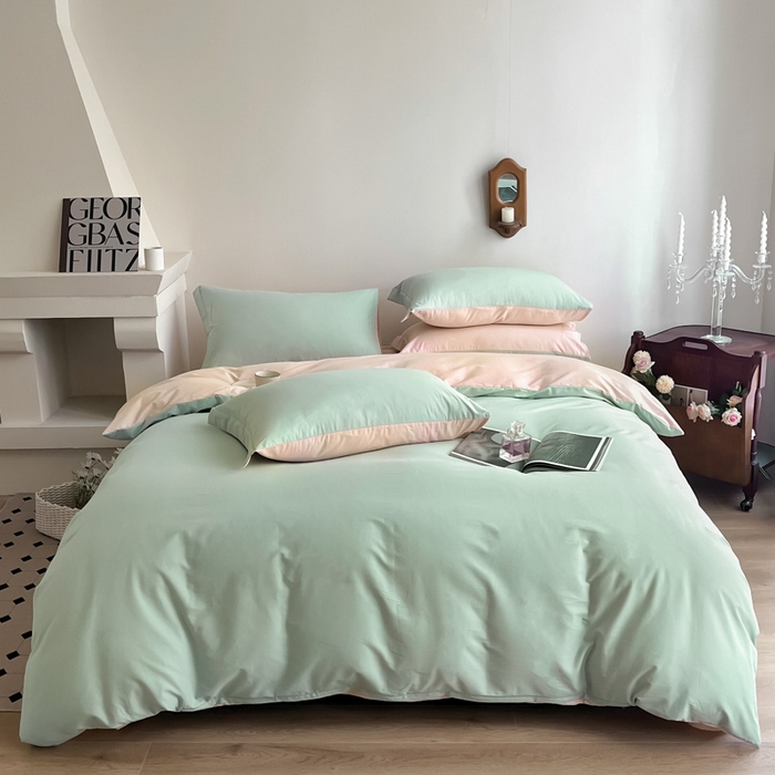 91家纺网 家纺一手货源 找家纺 艾迪尚家纺2025新款100s生态全棉纯色磨毛四件套阿克曼绿樱草粉