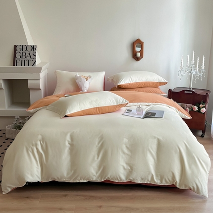 91家纺网 家纺一手货源 找家纺 艾迪尚家纺 2025新款100s生态全棉纯色磨毛四件套 杏仁米配天橙色