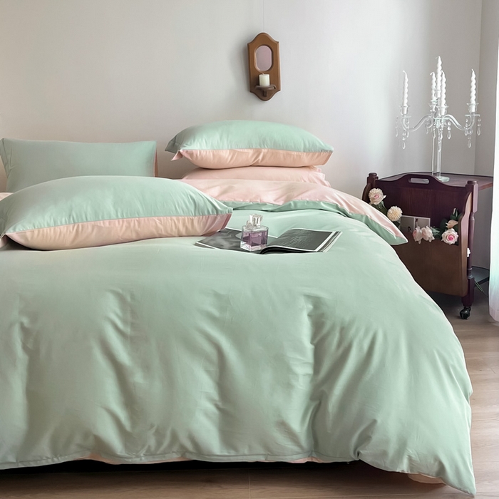 91家纺网 家纺一手货源 找家纺 艾迪尚家纺2025新款100s生态全棉纯色磨毛四件套阿克曼绿樱草粉