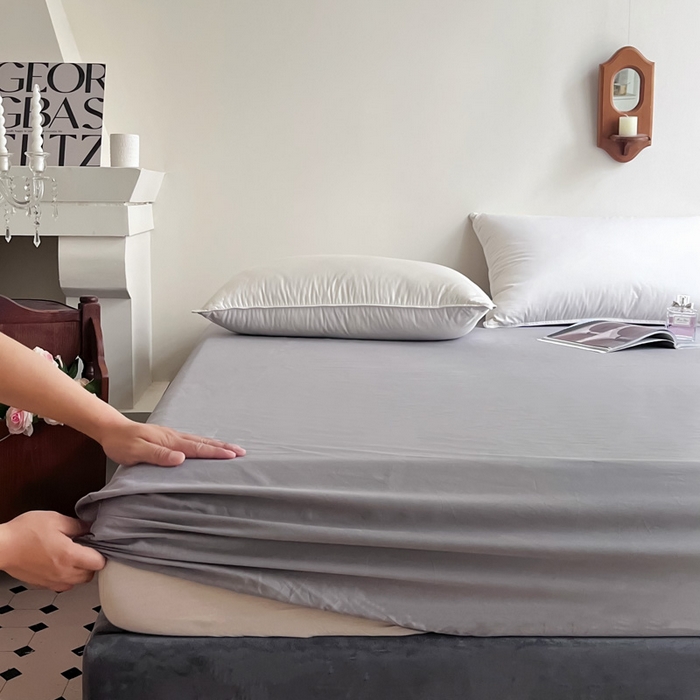 91家纺网 家纺一手货源 找家纺 艾迪尚家纺 2025新款100s生态全棉纯色磨毛单品床笠 白玉灰