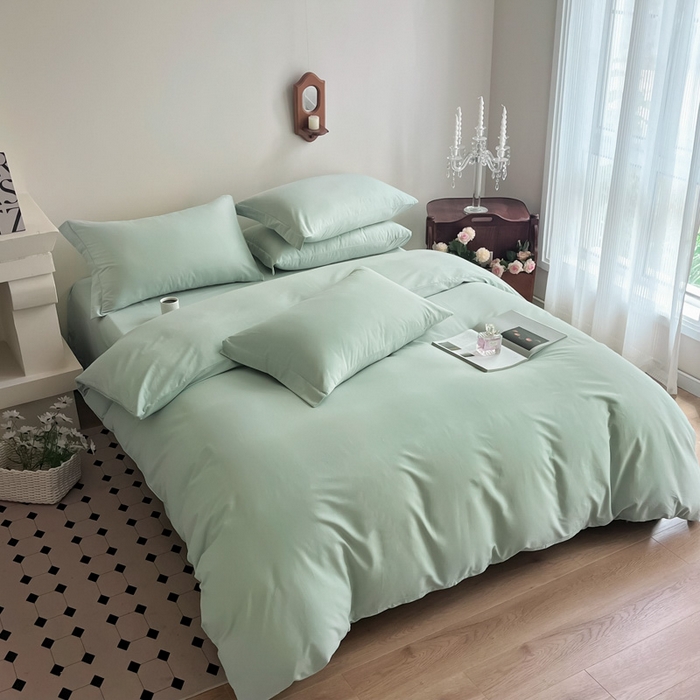 91家纺网 家纺一手货源 找家纺 艾迪尚家纺 2025新款100s生态全棉纯色磨毛四件套 阿克曼绿