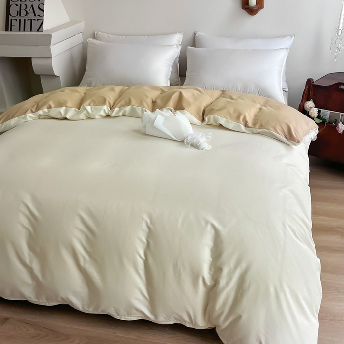 91家纺网 家纺一手货源 找家纺 艾迪尚2025新款100s生态全棉纯色磨毛单品被套杏仁米配奶油咖