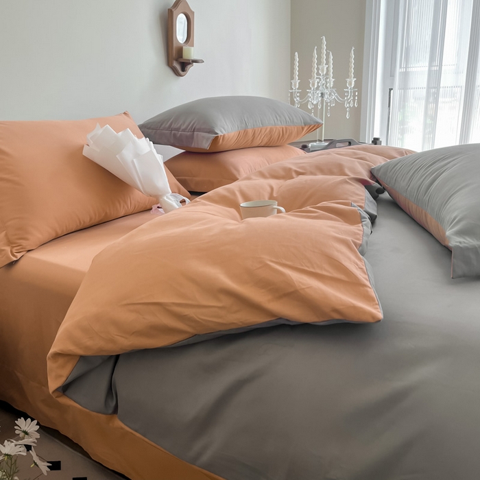 91家纺网 家纺一手货源 找家纺 艾迪尚家纺 2025新款100s生态全棉纯色磨毛四件套 灰卡—可可橘