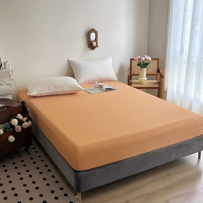 91家纺网 家纺一手货源 找家纺 艾迪尚2025新款100s生态全棉纯色磨毛单品床笠 灰卡—可可橘