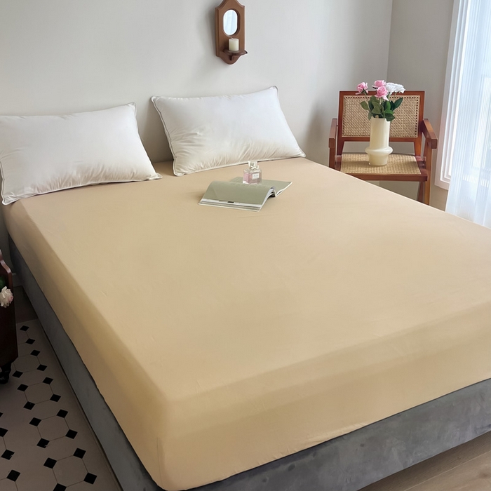 91家纺网 家纺一手货源 找家纺 艾迪尚2025新款100s生态全棉纯色磨毛单品床笠 杏仁米配奶油咖