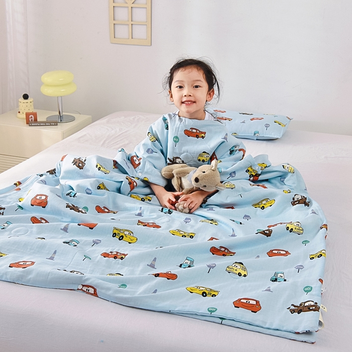 91家纺网 家纺一手货源 找家纺 A类夏季纯棉睡袋双层纱棉花薄款春秋宝宝中大童儿童防踢被神器 小汽车