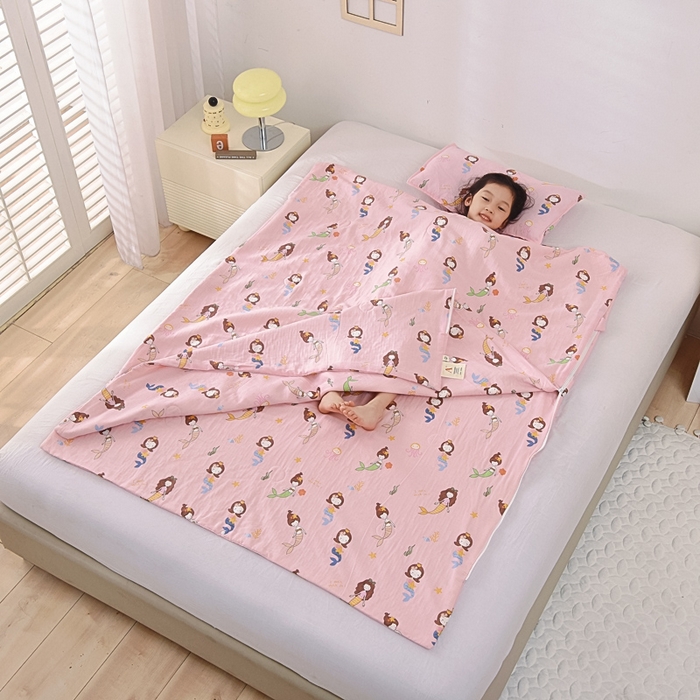 91家纺网 家纺一手货源 找家纺 A类夏季纯棉睡袋双层纱棉花薄款春秋宝宝中大童儿童防踢被神器 人鱼公主