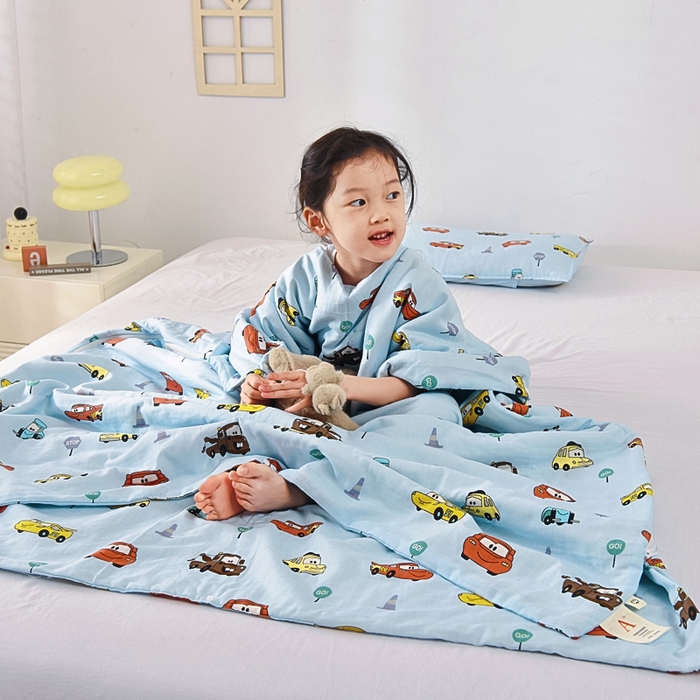 91家纺网 家纺一手货源 找家纺 A类夏季纯棉睡袋双层纱棉花薄款春秋宝宝中大童儿童防踢被神器 小汽车