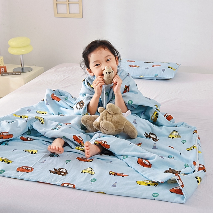 91家纺网 家纺一手货源 找家纺 A类夏季纯棉睡袋双层纱棉花薄款春秋宝宝中大童儿童防踢被神器 小汽车