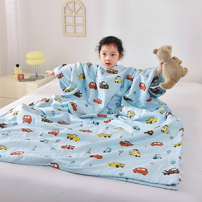 91家纺网 家纺一手货源 找家纺 A类夏季纯棉睡袋双层纱棉花薄款春秋宝宝中大童儿童防踢被神器 小汽车