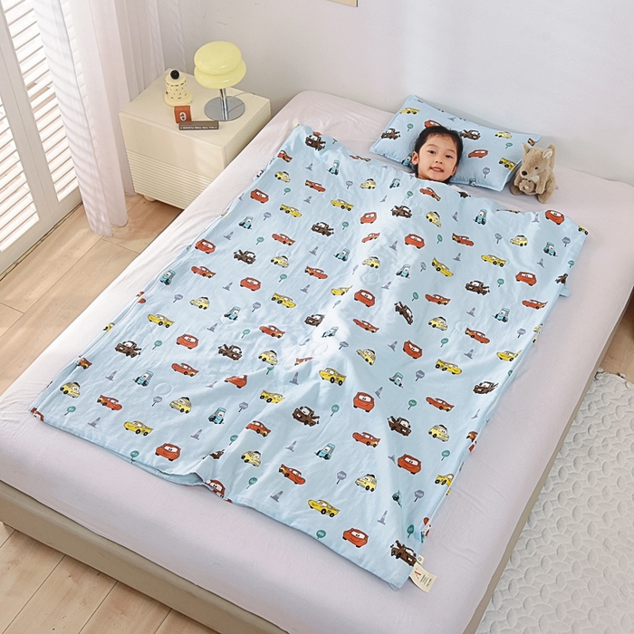 91家纺网 家纺一手货源 找家纺 A类夏季纯棉睡袋双层纱棉花薄款春秋宝宝中大童儿童防踢被神器 小汽车