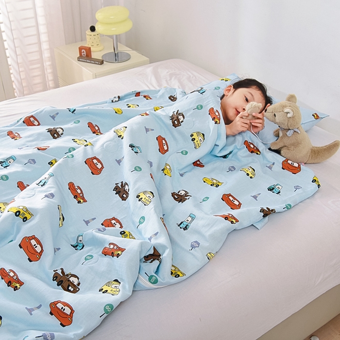 91家纺网 家纺一手货源 找家纺 A类夏季纯棉睡袋双层纱棉花薄款春秋宝宝中大童儿童防踢被神器 小汽车