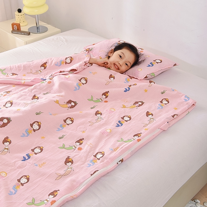 91家纺网 家纺一手货源 找家纺 A类夏季纯棉睡袋双层纱棉花薄款春秋宝宝中大童儿童防踢被神器 人鱼公主