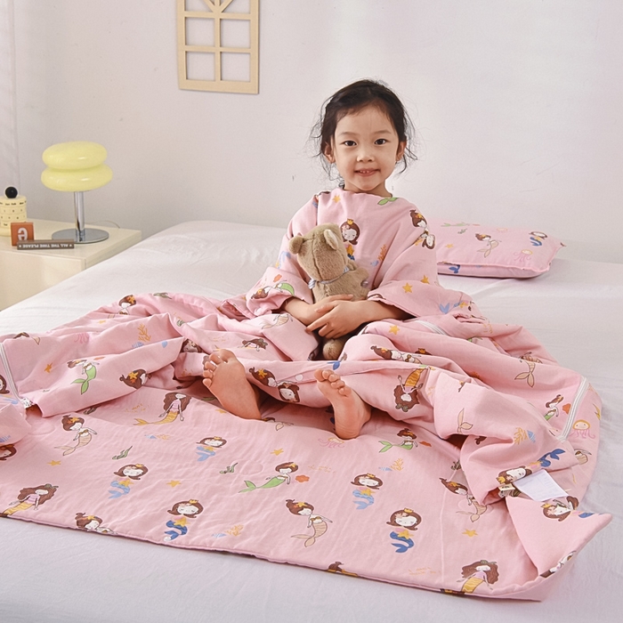 91家纺网 家纺一手货源 找家纺 A类夏季纯棉睡袋双层纱棉花薄款春秋宝宝中大童儿童防踢被神器 人鱼公主