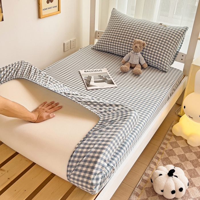 91家纺网 家纺一手货源 找家纺 喜居 2023新款全棉色织纯棉无印良品风纯色学生床笠 蓝小格