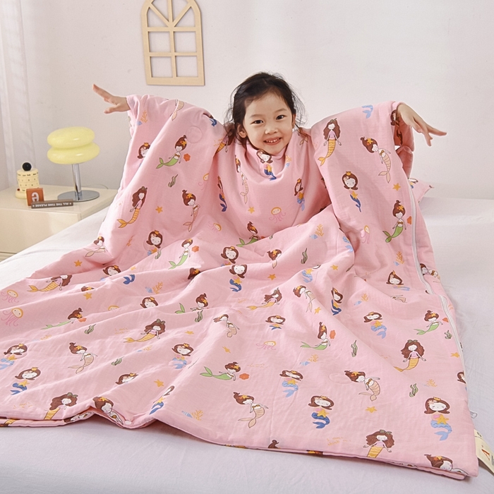 91家纺网 家纺一手货源 找家纺 A类夏季纯棉睡袋双层纱棉花薄款春秋宝宝中大童儿童防踢被神器 人鱼公主