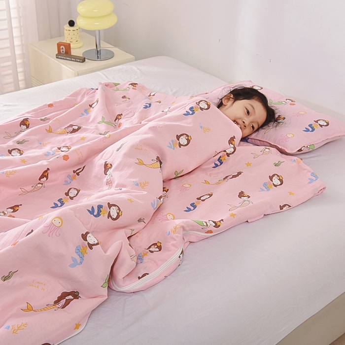 91家纺网 家纺一手货源 找家纺 A类夏季纯棉睡袋双层纱棉花薄款春秋宝宝中大童儿童防踢被神器 人鱼公主